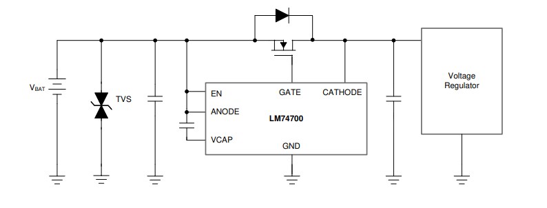 Applikations-Schaltungsdiagramm - Texas Instruments LM74700DDFEVM Evaluierungsmodul